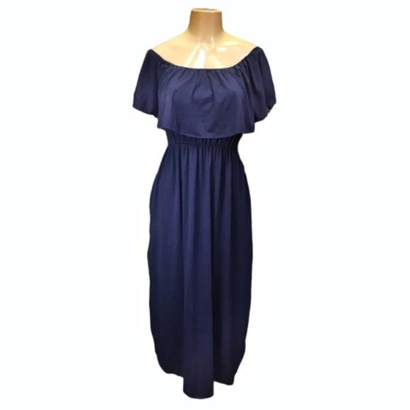 THANTH Off Shoulder Ruffle Navy Party Dress - Picture 2 of 10
